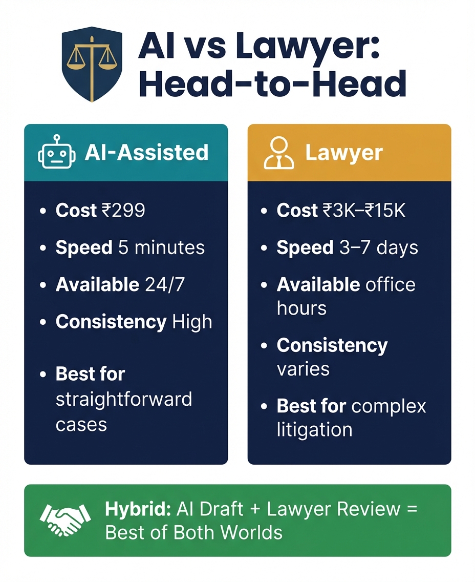 AI vs lawyer legal notice comparison: cost, speed, availability, consistency, and best use cases