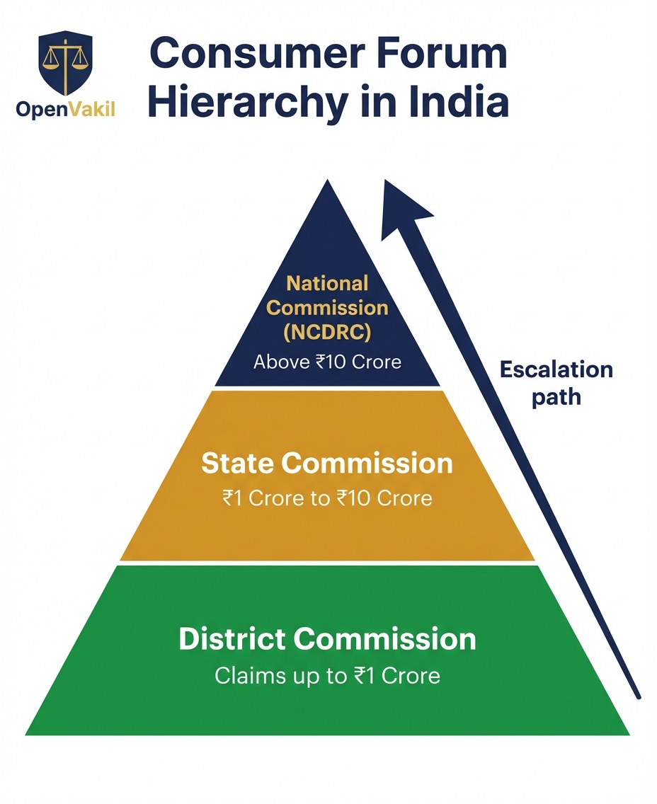 Consumer forum hierarchy: District Commission, State Commission, and National Commission (NCDRC)