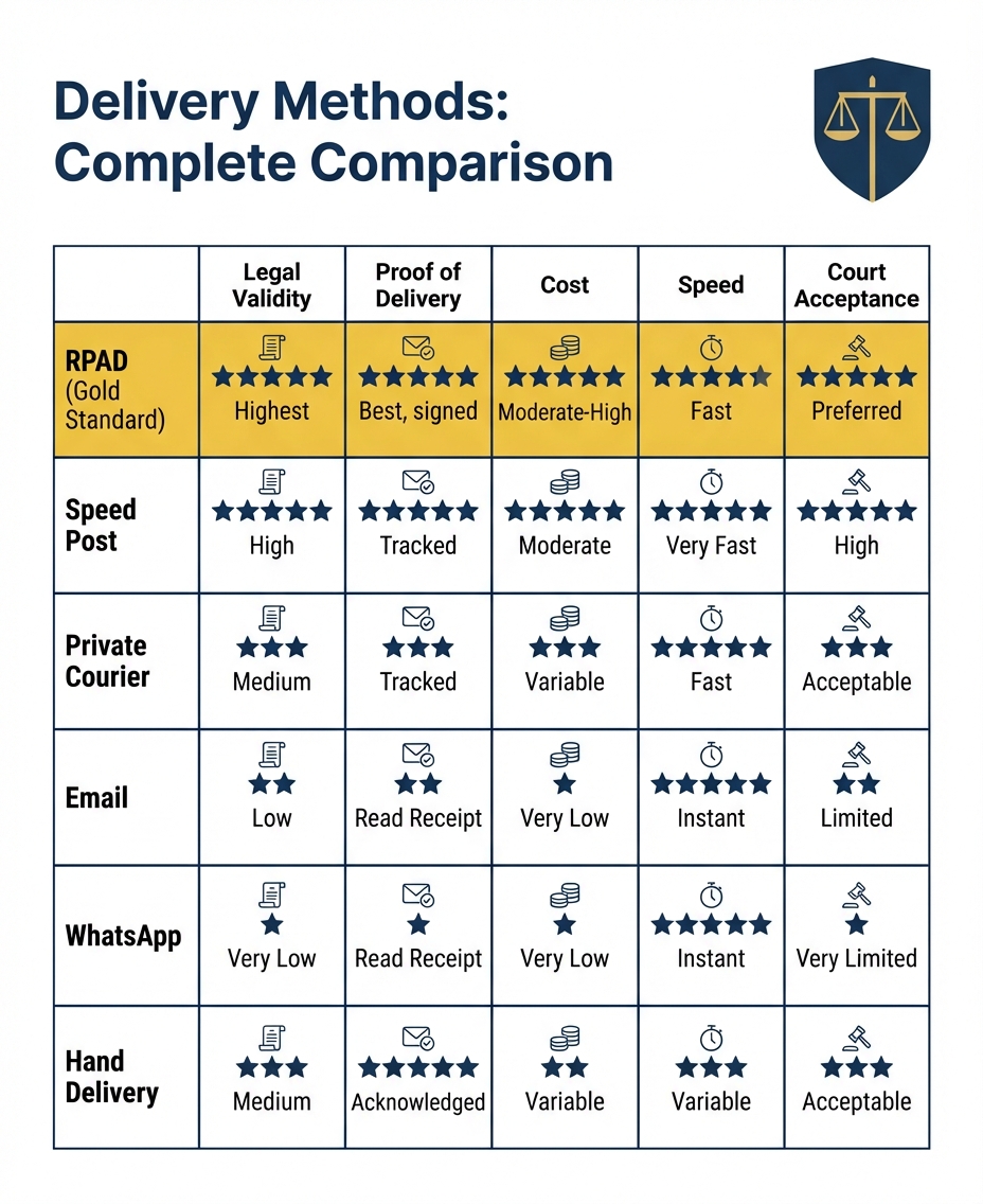 Legal notice delivery methods comparison matrix: RPAD, speed post, courier, email, WhatsApp, hand delivery