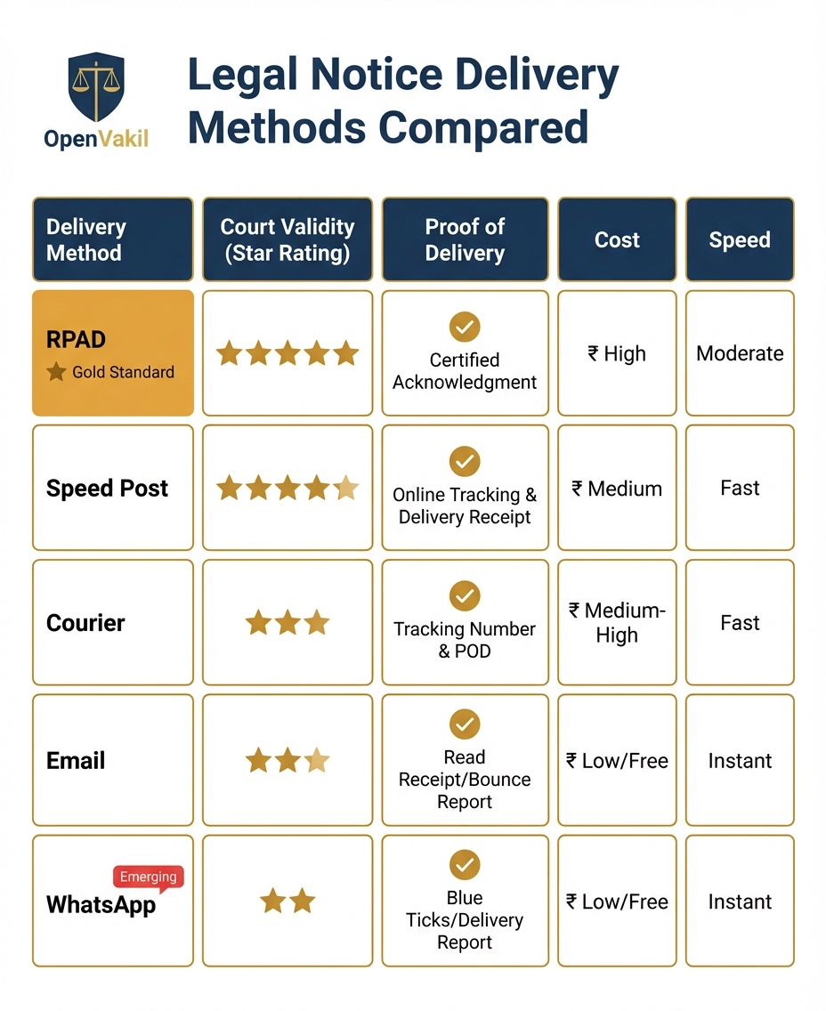 Legal notice delivery methods compared: RPAD, speed post, courier, email, and WhatsApp validity