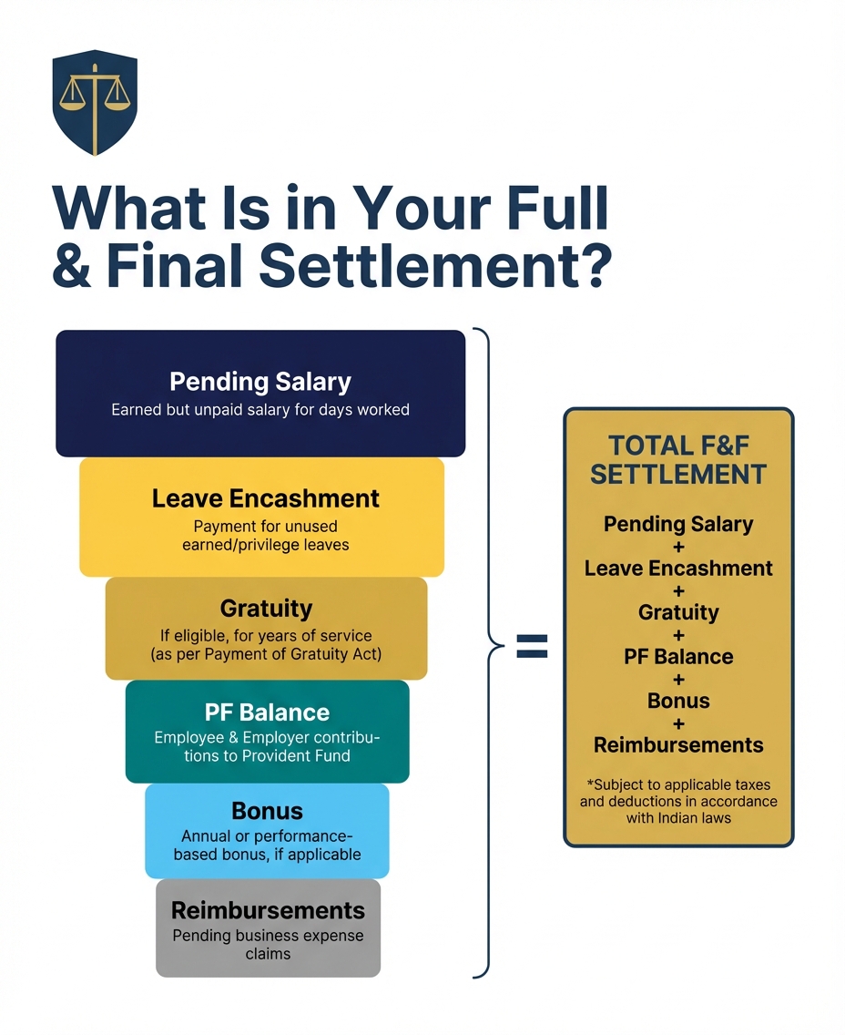Full and final settlement components: pending salary, leave encashment, gratuity, PF balance, bonus, reimbursements
