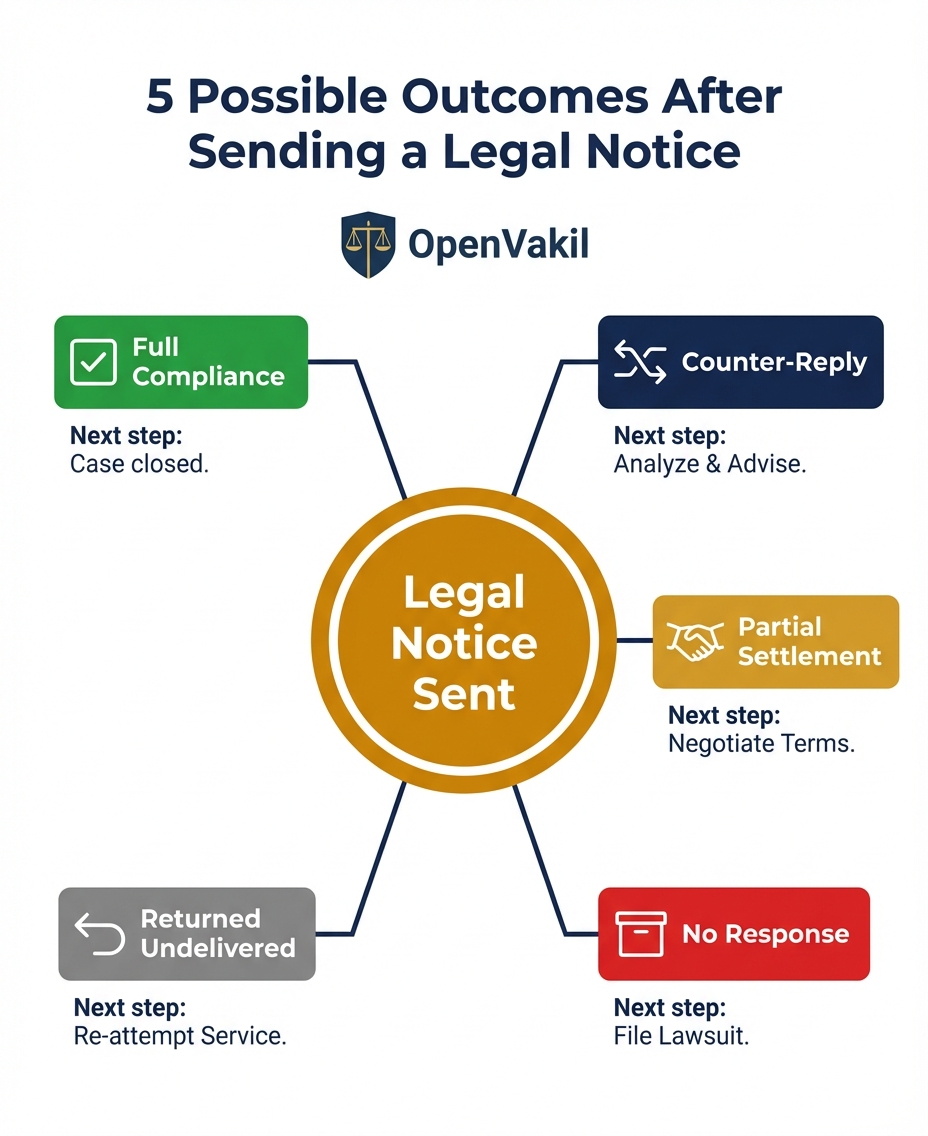 Five possible outcomes after sending a legal notice: compliance, counter-reply, settlement, no response, returned
