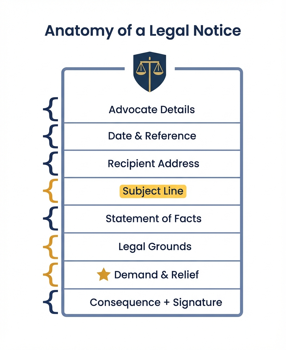 Anatomy of a legal notice: advocate details, date, addressee, subject, facts, legal grounds, demand, consequences