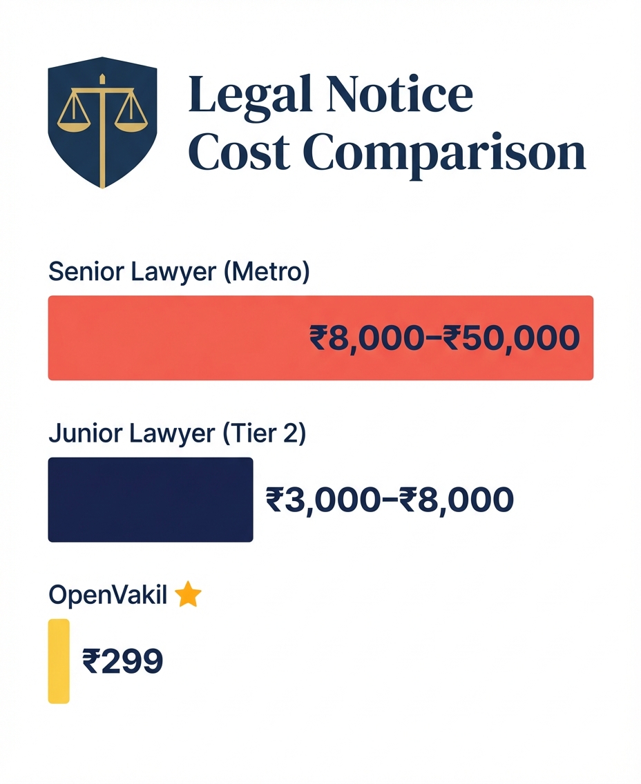 Legal notice cost comparison: senior lawyer vs junior lawyer vs OpenVakil pricing