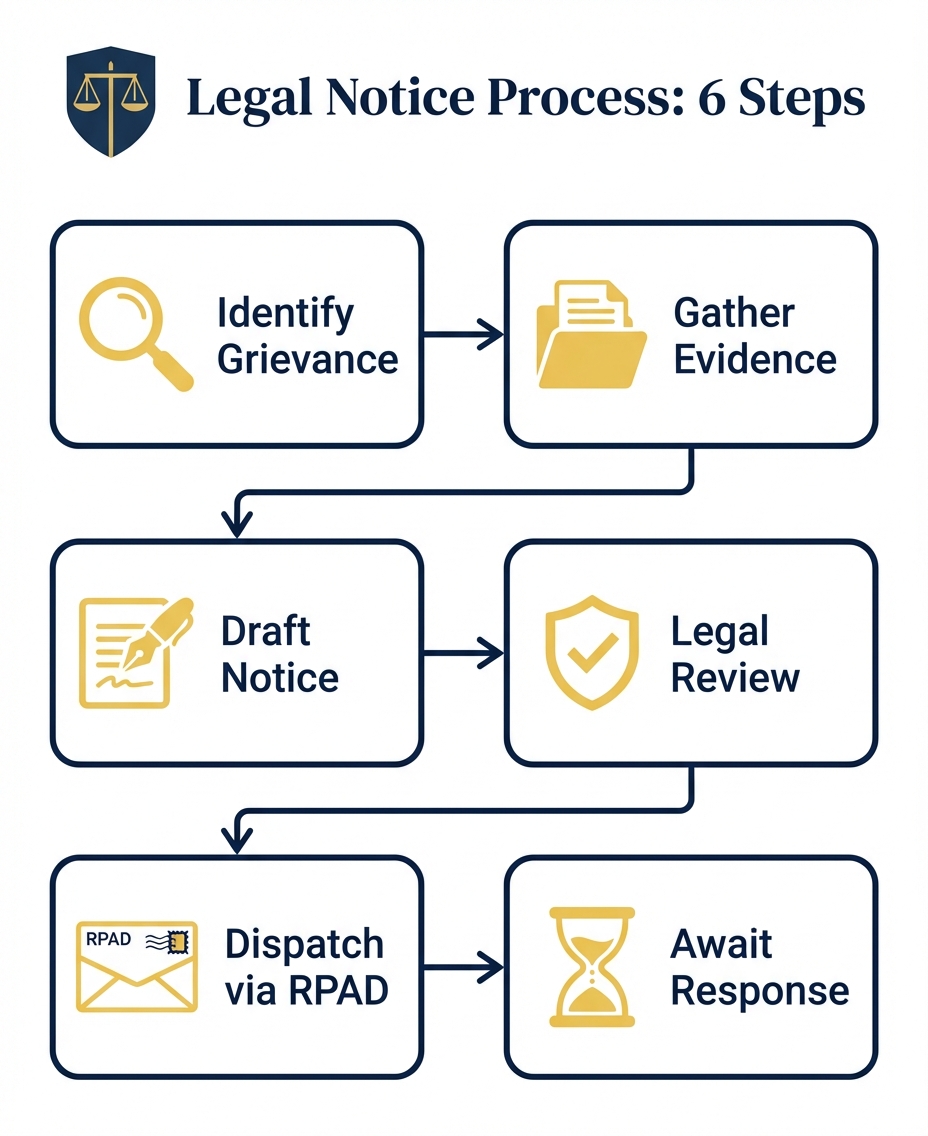 Legal notice process flow: 6 steps from identifying grievance to awaiting response