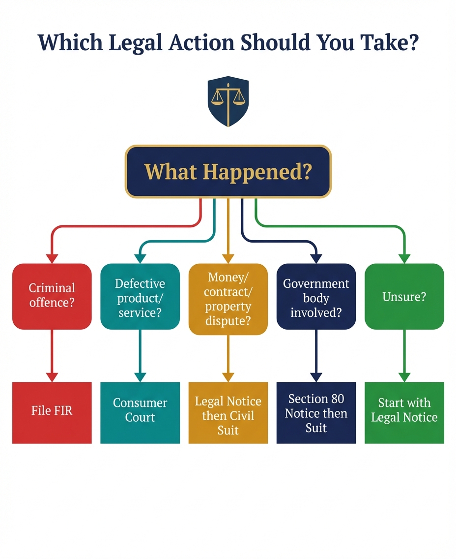 Decision tree: choosing between legal notice, FIR, consumer court, or civil suit