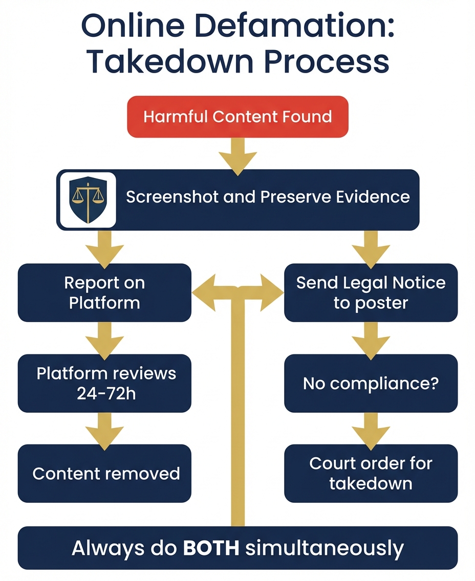 Online defamation takedown process: report on platform, send legal notice, obtain court order
