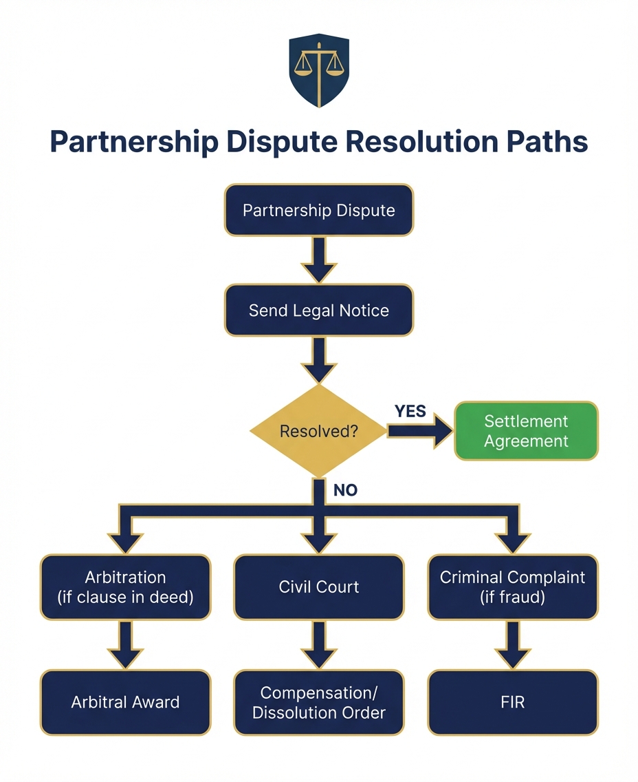 Partnership dispute resolution paths: arbitration, civil court, and criminal complaint options
