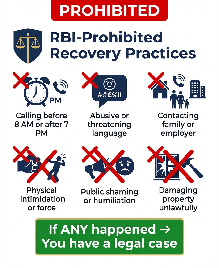 RBI prohibited loan recovery practices: no calls before 8am or after 7pm, no threats, no contacting family