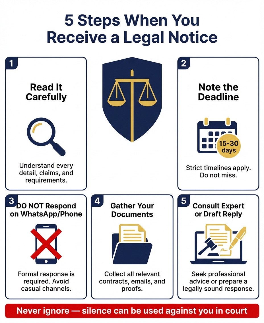 Five steps when you receive a legal notice: read carefully, note deadline, avoid phone responses, gather documents, consult expert