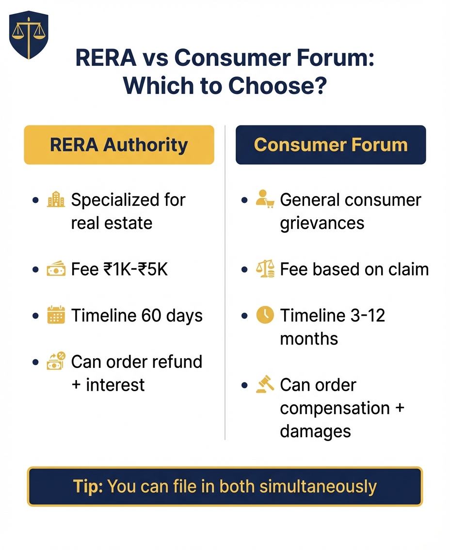 RERA Authority vs Consumer Forum comparison: filing fees, timeline, jurisdiction, and remedies