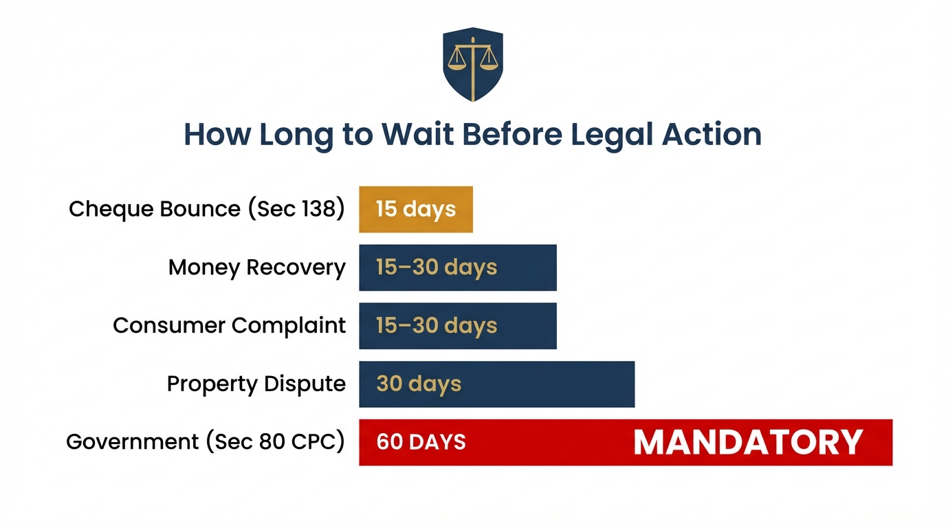 Legal notice waiting periods by case type: cheque bounce 15 days, government Section 80 CPC 60 days