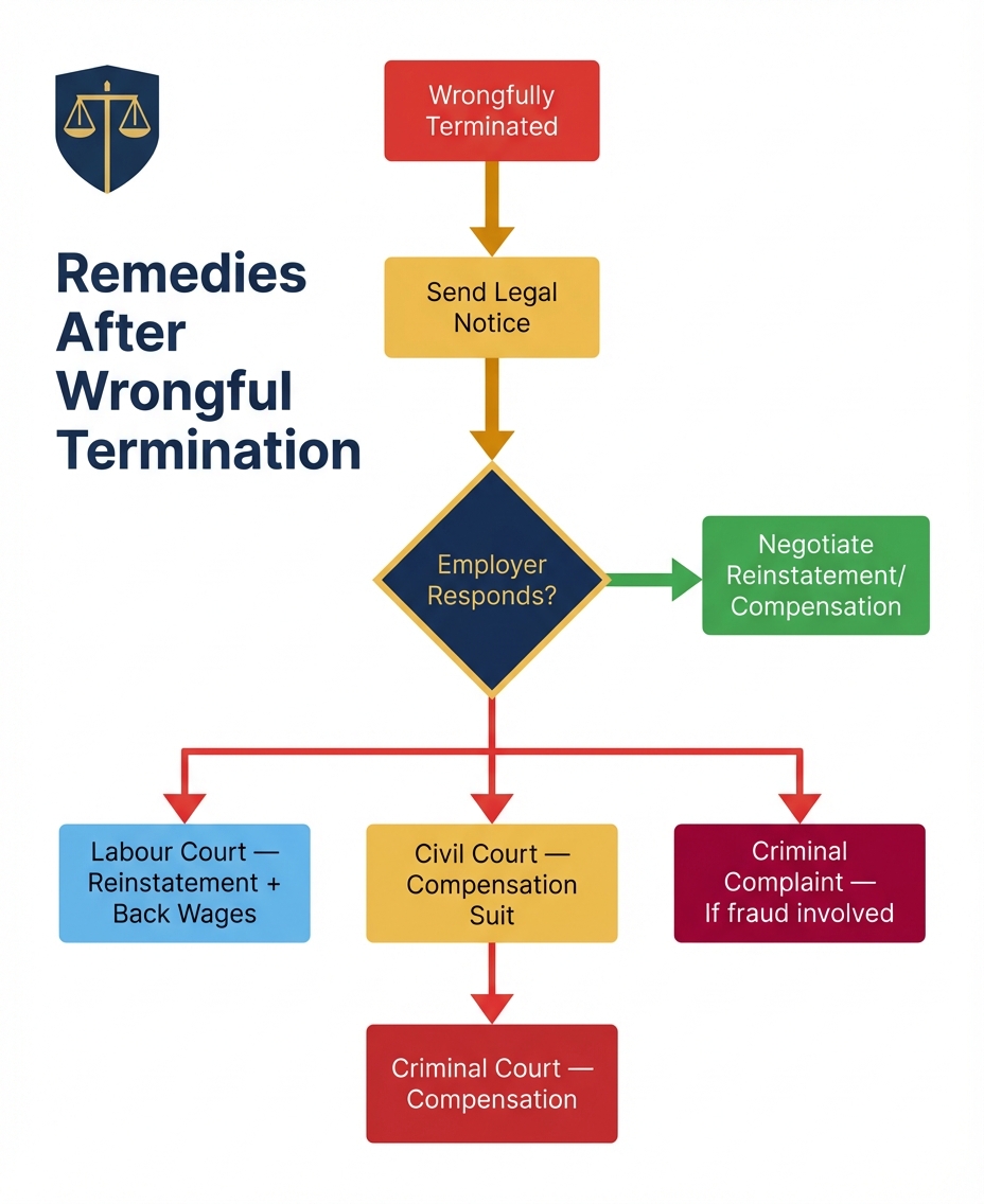 Wrongful termination remedies flowchart: Labour Court, Civil Court, and Criminal Complaint paths